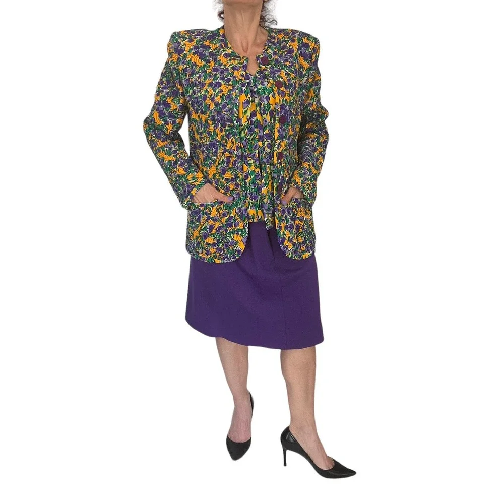 VINTAGE OSCAR DE LA RENTA FLORAL SUIT YELLOW PURPLE BLOUSE JACKET SKIRT 8-10